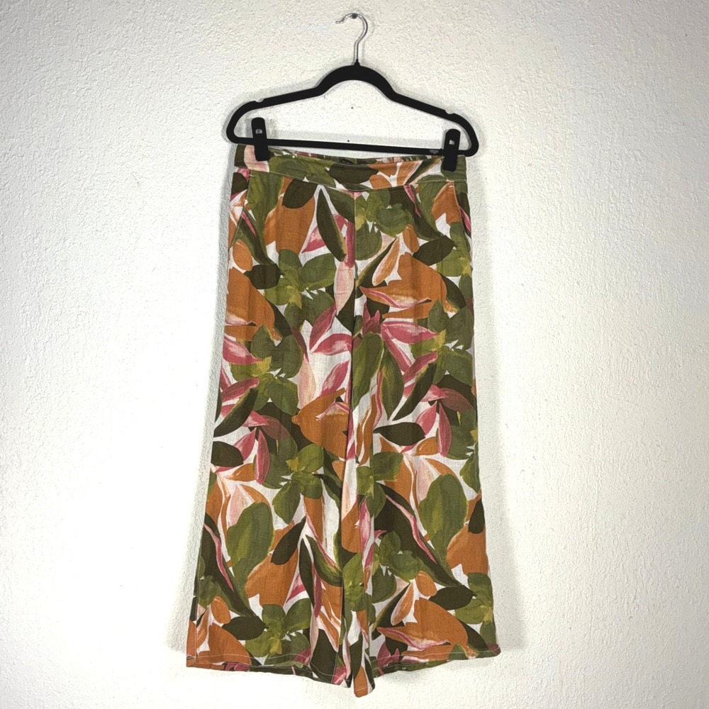 Tahari Womens 100% Linen Wide Leg Pants Tropical Floral Leaf Print Medium